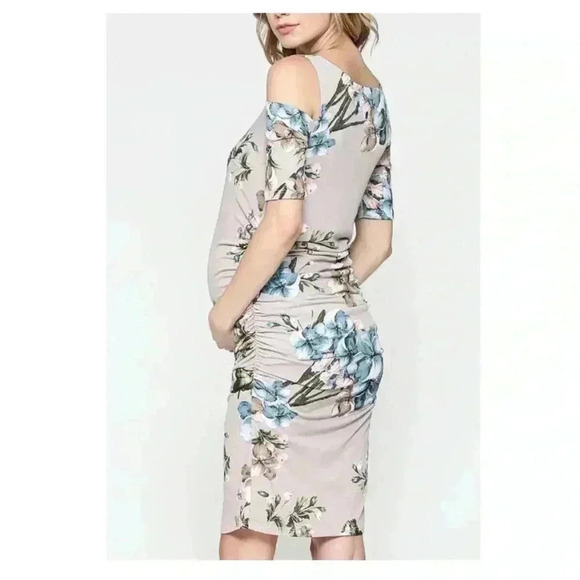 🆕 Hello Miz Maternity Gray & Blue Floral Cold-Shoulder Dress M🆕 - Picture 4 of 10